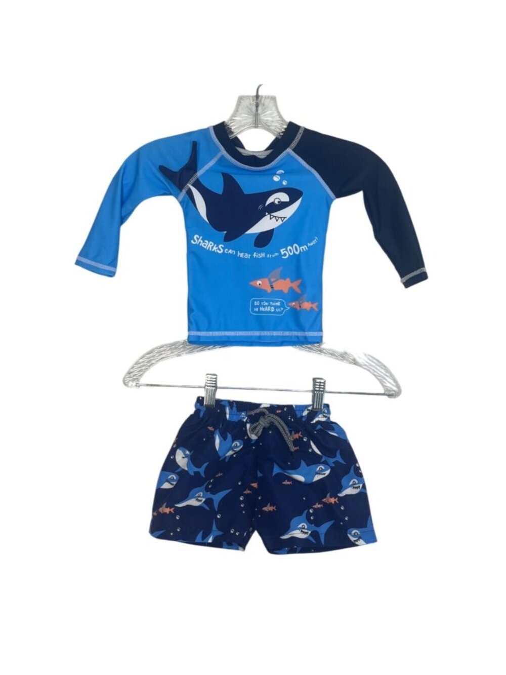 Shark Print Rash Guard Swim Shorts Set Boys 2XS Blue New Swim Pool Summer